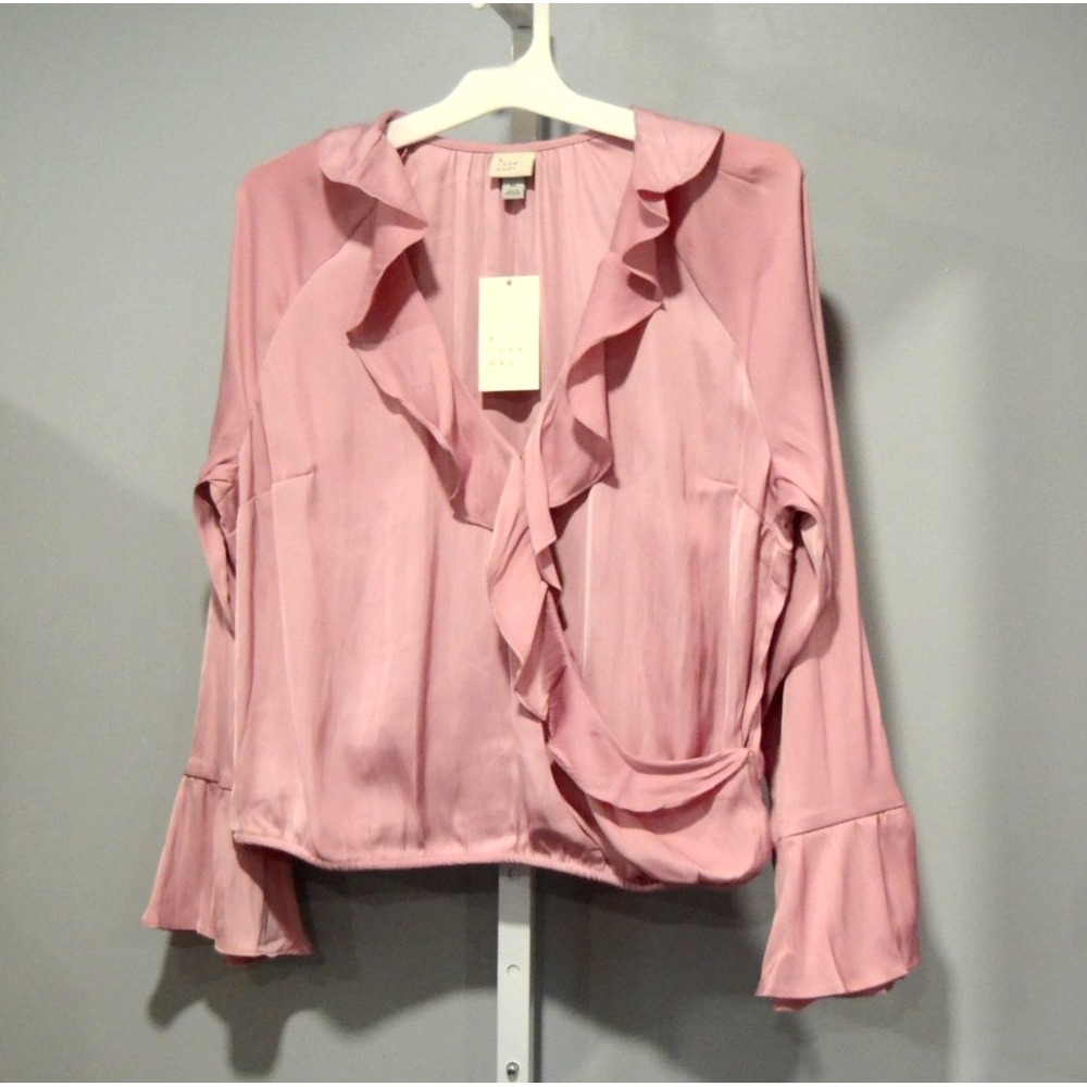 NWT A New Day Women's Size XS Pink Surplice Blouse Ruffles Long Sleeves V-neck